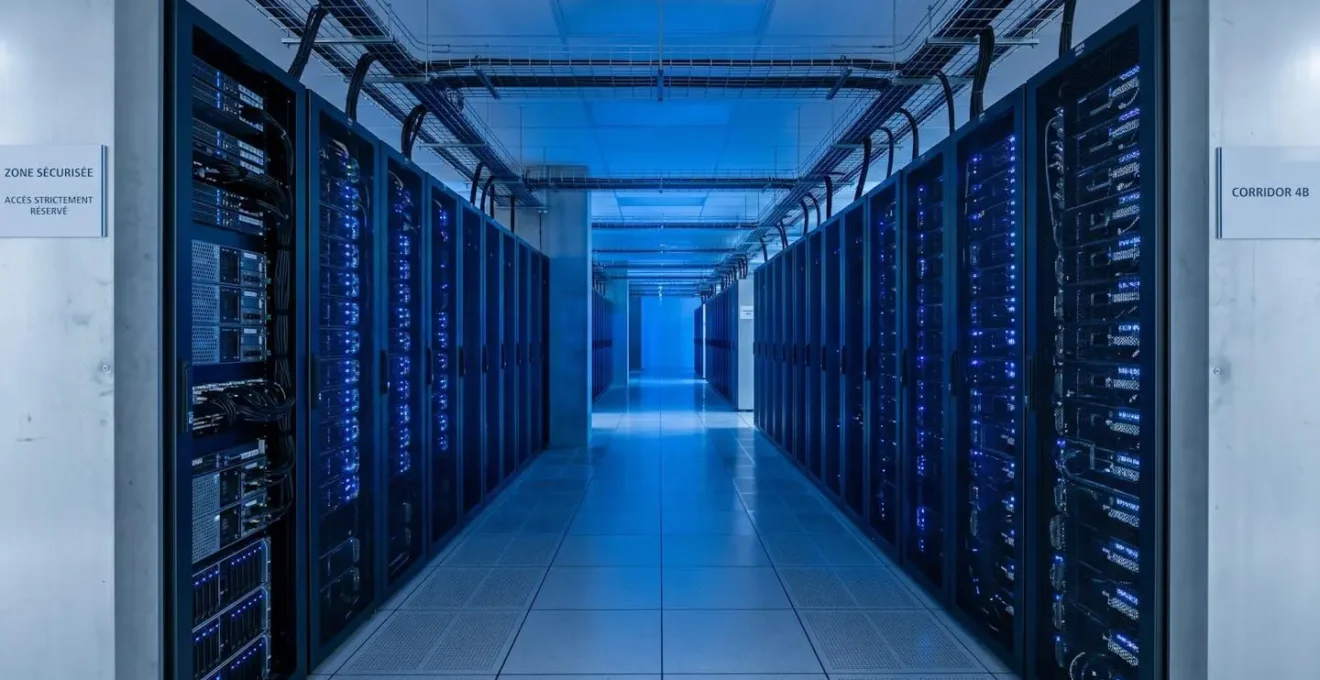 Couloir de datacenter sobre avec rangées de serveurs en lumière bleue froide, évoquant la fiabilité, la localisation française et la sécurité des données