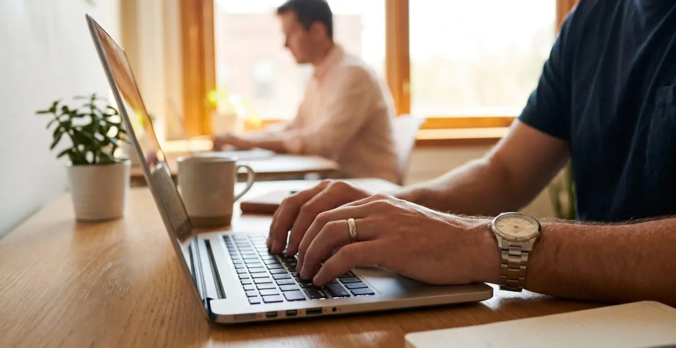 Professionnel validant un envoi de document sensible via une interface numérique, dans un espace de travail contemporain