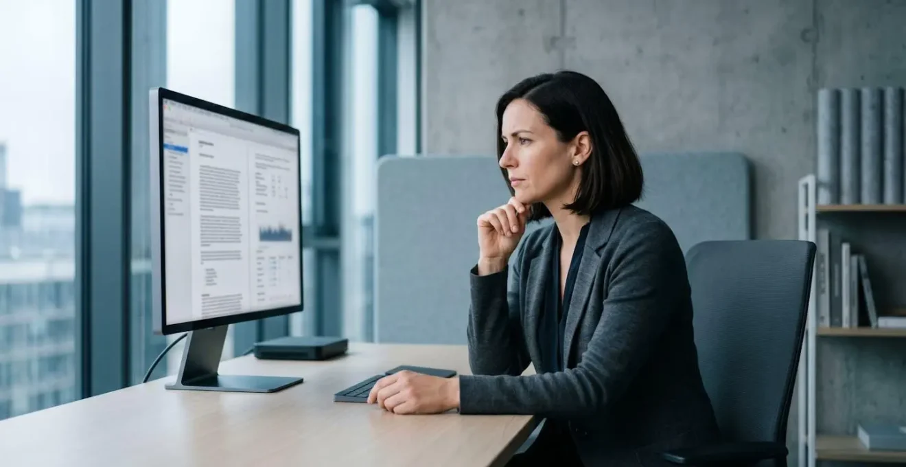 Professionnel en bureau sobre analysant des documents numériques sur écran, expression concentrée, environnement feutré évoquant la confidentialité