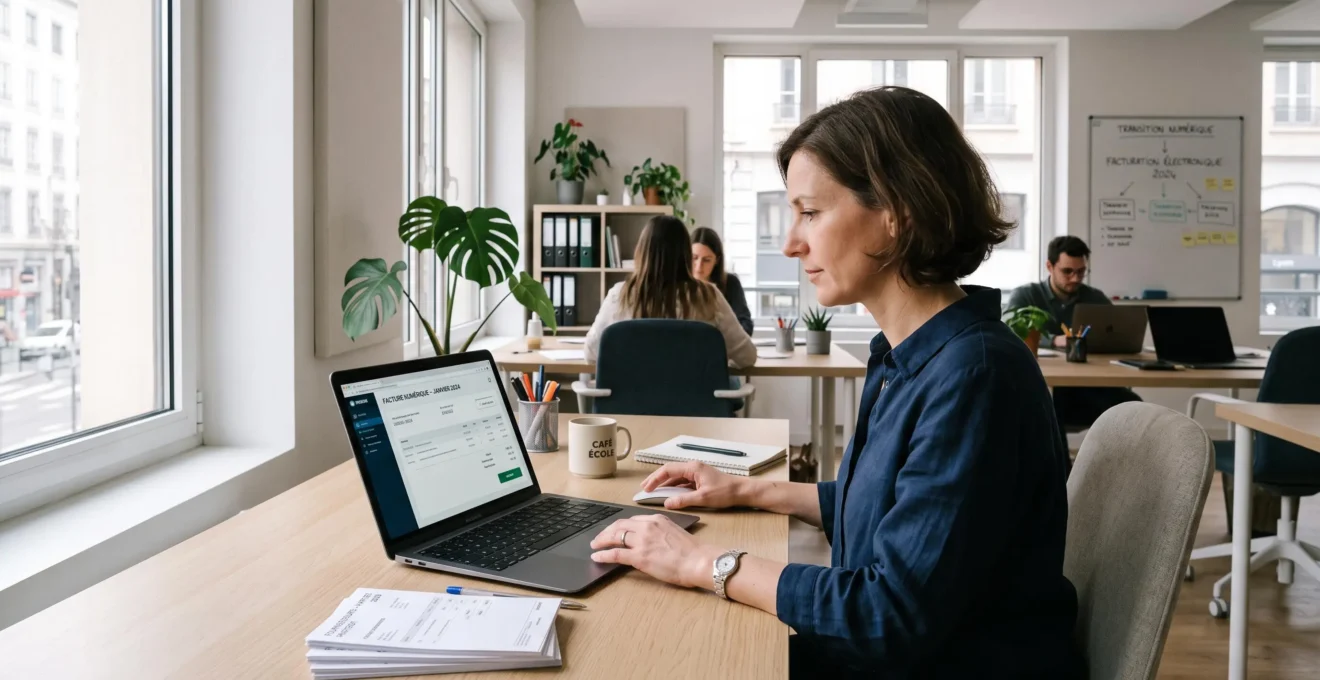 Une responsable de PME examine des factures électroniques sur un ordinateur portable dans un bureau lumineux, avec des factures papier posées à côté.
