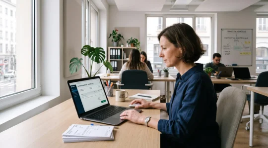 Une responsable de PME examine des factures électroniques sur un ordinateur portable dans un bureau lumineux, avec des factures papier posées à côté.
