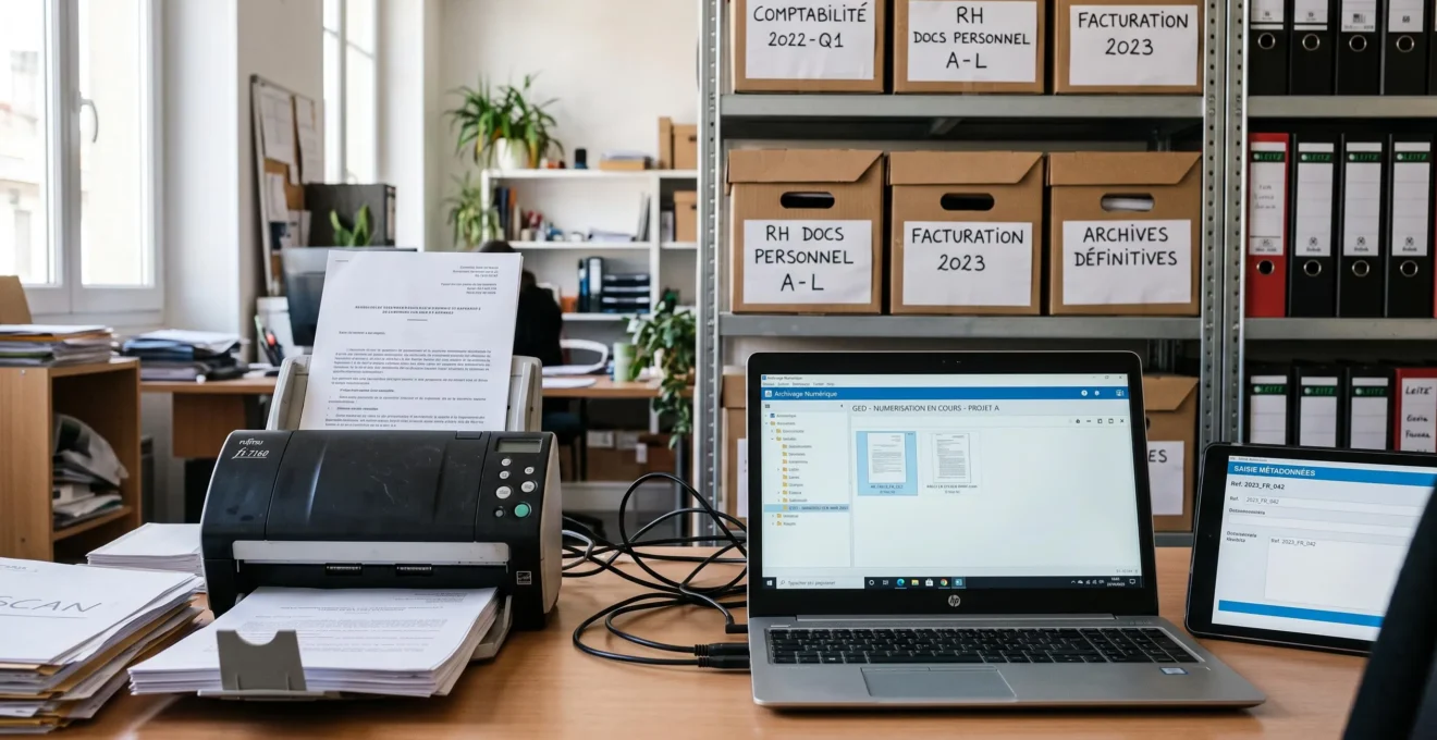 Poste de numérisation avec scanner, tablette et poste de travail dans un bureau de PME, avec des boîtes d'archivage sur une étagère métallique en arrière-plan.