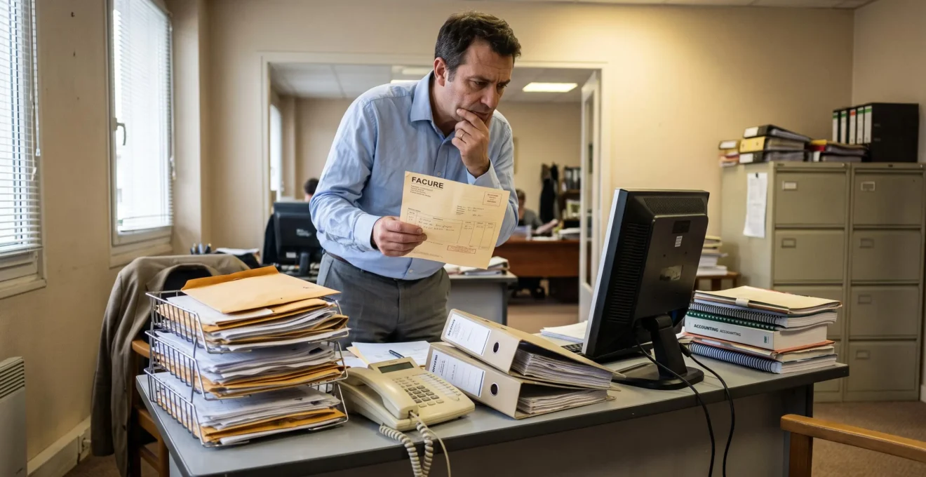 Un employé de PME au back office tient une facture papier non traitée tout en regardant son écran, dans un bureau avec une corbeille de courrier débordante.
