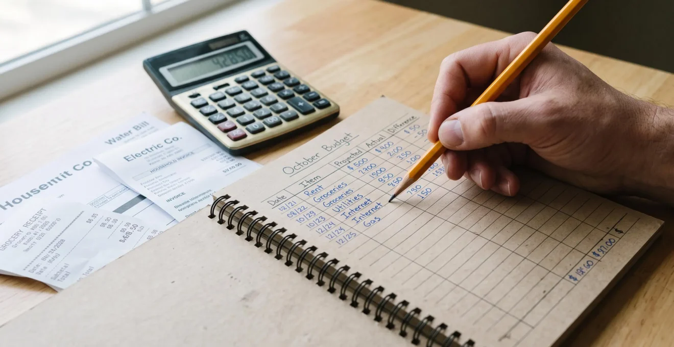 Une main pointe un budget mensuel écrit dans un carnet avec une calculatrice à côté.