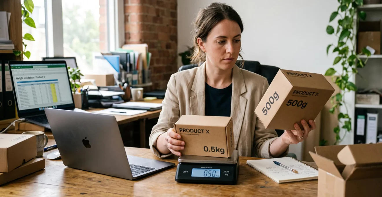 Une gestionnaire e-commerce compare deux emballages d'un même produit avec une balance sur son bureau.